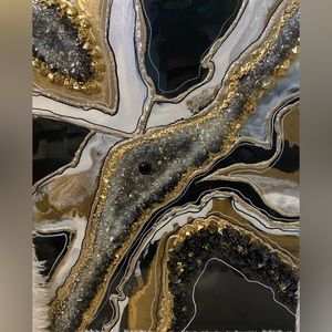 20 X 16 Geode Resin Painting, Black, White and Gold Canvas Wall Art